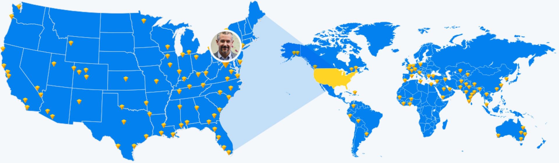 World map and US map with scattered yellow markers.