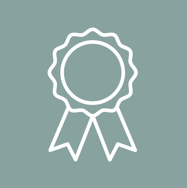 White outline icon of an award ribbon on teal background.