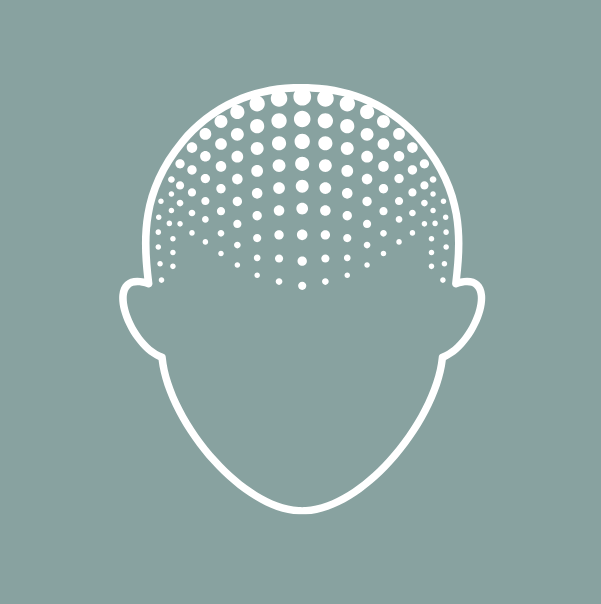 Icon of a head with dots depicting hair transplant procedure.