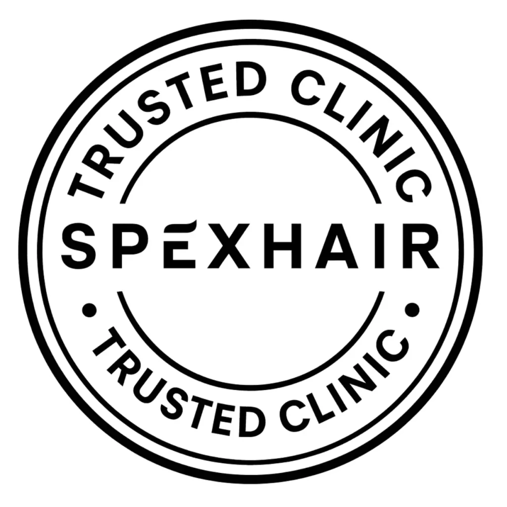 Spexhair Trusted Clinic circular black and white seal logo.